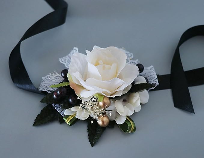Aimto Ivory Rose and Black Wrist Corsage and Boutonniere Set for Wedding Flower Accessories Prom Suits