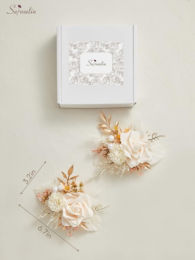 Serwalin 𝗦𝗲𝘁 𝗼𝗳 𝟮 Boutonniere for Men 𝟲-𝟳 𝗜𝗻𝗰𝗵 Corsage with Pins,Groom and Best Man Boutonnieres for Wedding Prom Ceremony Anniversary Party Cake Topper (Champagne)