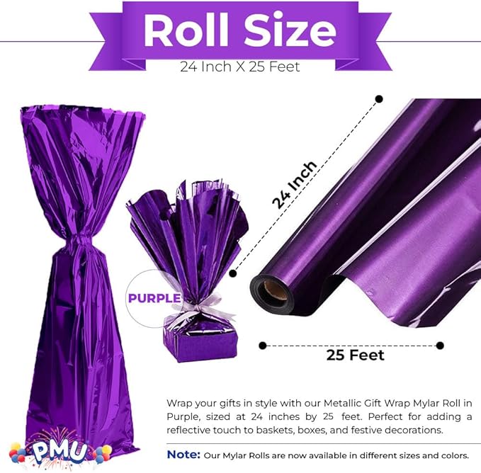 PMU (2 Gift Wrap Mylar Roll Metallic Purple 2-sided, 24 Inches X 25 Ft Roll 1.4 Mil Highly Reflective Mylar Film, Great for Gifts, Birthdays, Christmas, Baskets, Arts & Crafts