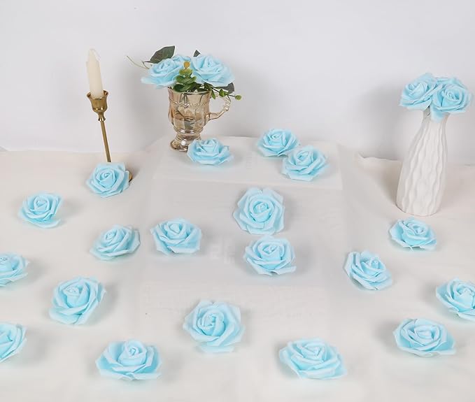 IPOPU Artificial Rose Flower Heads, 100pcs Light Blue Foam Fake Roses Bulk 3in Stemless Flowers for DIY Wedding Baby Shower Centerpieces Arrangements Party Tables Home Decorations (Light Blue)