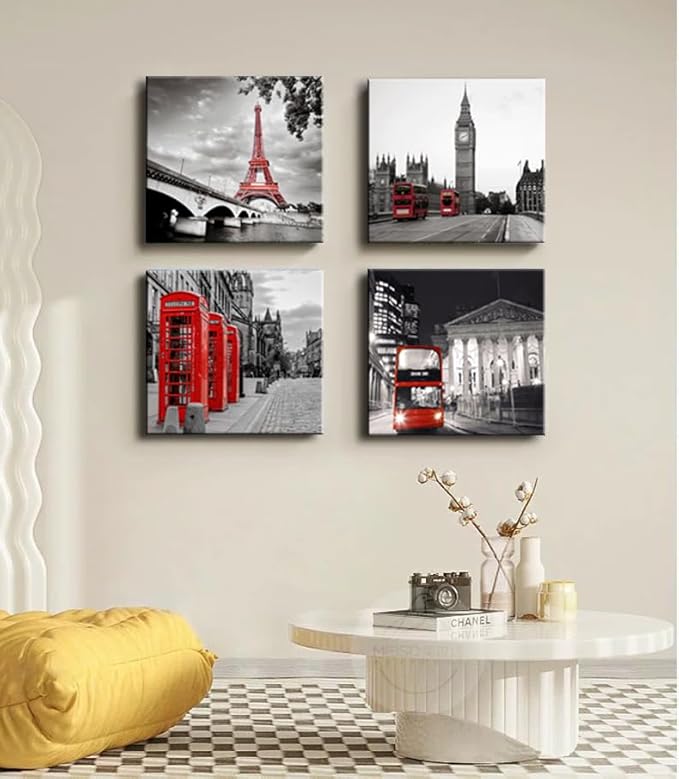 Black and White City Landscape Wall Art for Bedroom Red Street Scenery Canvas Decor for Bathroom Paris Eiffel Tower Pictures Prints London Big Ben Artwork Poster for Living Room Office Decoration