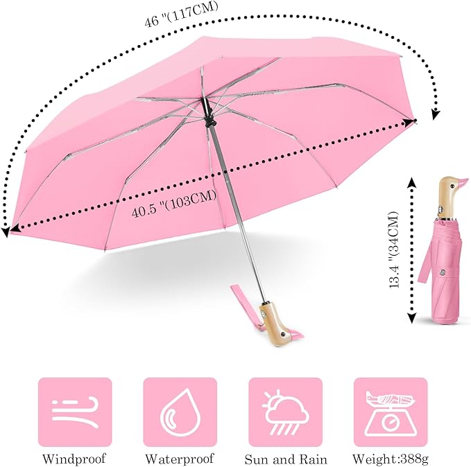 Cute Duck Umbrella Automatic - Compact Pretty Pocket Size Strong Duck Collapsible Umbrella Yellow Wooden Handle for Women