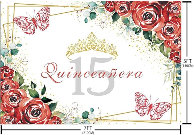 SENDY 8x6ft Quinceañera Backdrop Mis Quince 15 Anos Birthday Party Decorations Supplies for Girl Princess Red Floral Flowers Butterfly Gold Crown Photography Background Banner Photo Booth Studio Props
