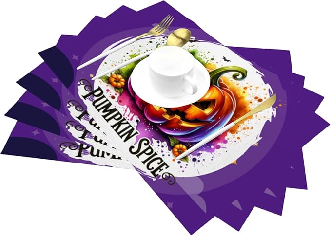 PVC Placemats Set of 1 Wipeable Table Mats Washable Heat Resistant Non Slip Vinyl Dining Table Mat for Kitchen Indoor Outdoor Patio Farmhouse Place Mats Funny Purple Halloween Pumpkin Decorative