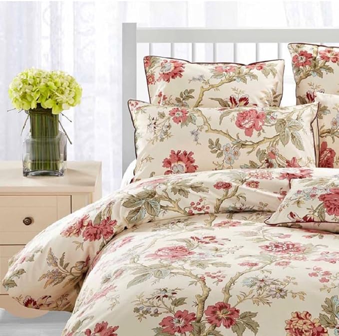 LifeTB Garden Style Floral Duvet Cover Queen Vintage Red Flower Green Leaves Pattern Boho Duvet Cover Aesthetic Flower Bedding Set Farmhouse Cotton Comforter Cover Botanical Bedding Cover Queen