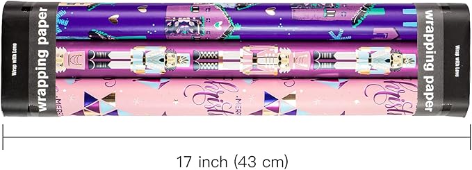 WRAPAHOLIC Christmas Wrapping Paper Roll - Mini Roll - 3 Rolls - 17 Inch X 120 Inch Per Roll - Pink and Purple Nutcracker, House Holiday Collection with Metallic Foil Shine