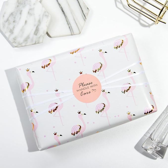 WRAPAHOLIC Pink Flamingo Wrapping Paper Sheet - 12 Sheets Foil Flamingo Design Folded Flat for Girls Birthday, Baby Showers - 19.7 Inch X 30 Inch Per Sheet