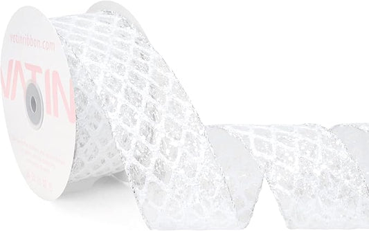 VATIN 2-1/2" White Christmas Ribbon, White Glitter Mesh Diamond Web Sequin Dots Wired Christmas Ribbon for Gift Wrapping Bow Making Wreath Supply-10 Yards