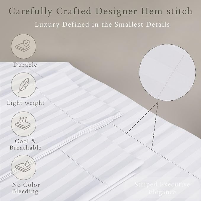 Threadmill 500 Thread Count Full Size Damask Stripe, 4 Pc Luxury Cotton Sheet Set, Silky Smooth Hotel White Sheets with 16" Elasticized Deep Pocket, 2 Pillowcases & Free Tote Bag
