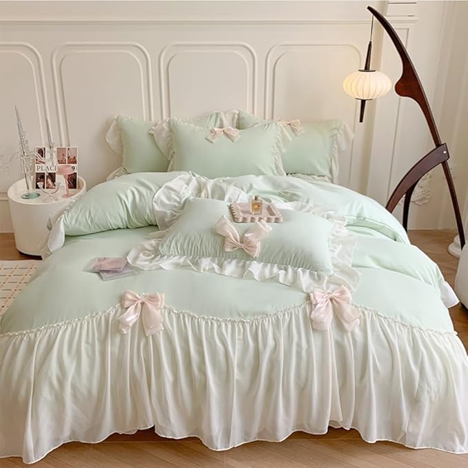 Ruffled Bedding Bow Duvet Cover Set with Butterfly Tie, Soft Brushed Microfiber Shabby Chic Bedding Set with Zipper Closure