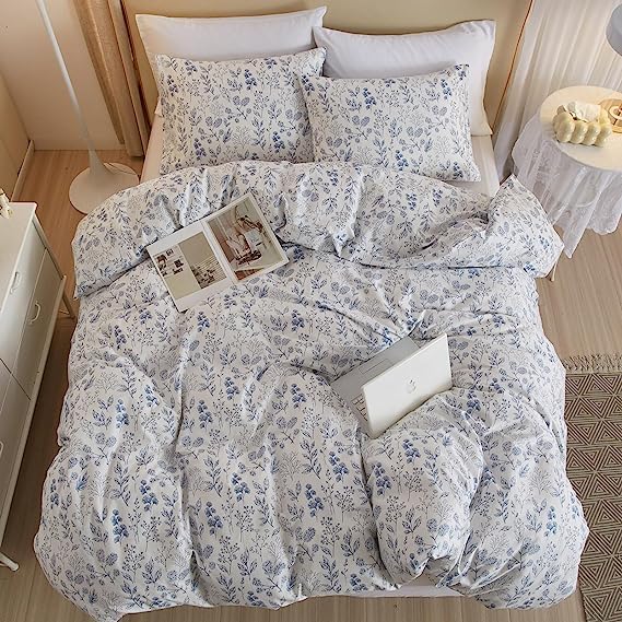 Cotton Floral Duvet Cover Full White Blue Floral Print Full Bedding Sets Vintage Boho Flower Comforter Cover Aesthetic Bedding Botanical Duvet Cover Cottagecore Comforter Cover with Zipper Closure
