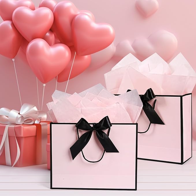 Pink Gift Bags 13”, 2 PCS Large Gift Bags with Handles for Girls Women, Portable Gift Bag Set with Tissue Paper Greeting Card and Bow Ribbon, Pink Paper Bags for Birthday Wedding Valentine's Day