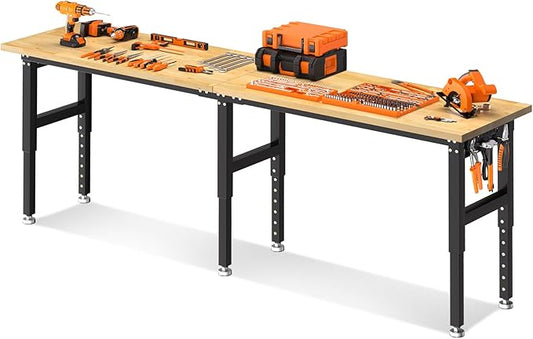 96 Inches Workbench, Rubber Wood Tabletop Work Table, 5500 LBS Heavy Duty Adjustable Height Work Bench with 2 Power Outlets for Workshop, Office, Garage