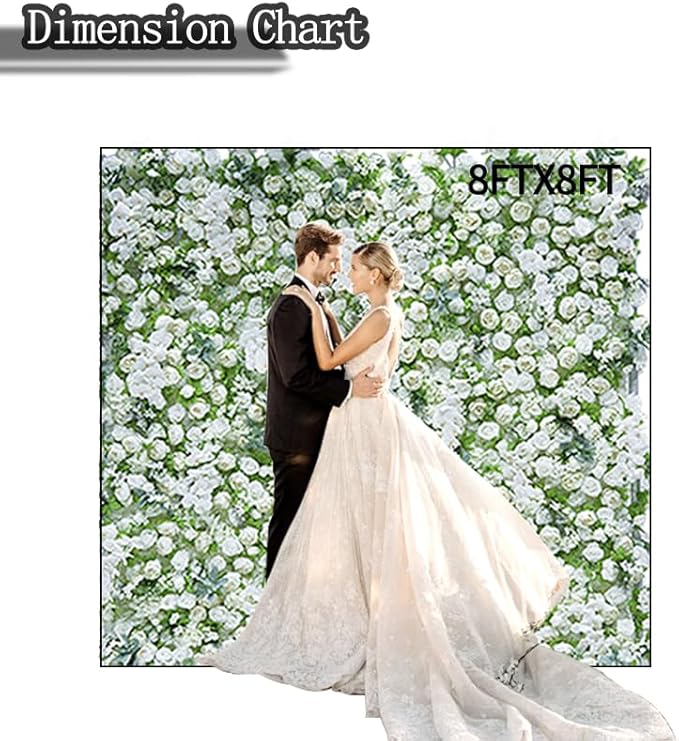 8x8ft(2 pcs of 4ftx8ft) Artificial Silk Fabric Flower Wall Cloth-Based Background 5D White Rose Fabric Rolling Up Floral Backdrop for Wedding Baby Shower Party and Home Decor