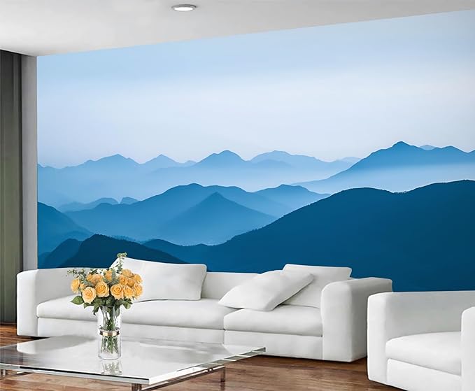 KIREUPA Minimalist Blues Mountain Wall Mural, Misty Layered Hills 3d Wall Murals, Serene Misty Mountains Wallpaper Mural, for Living Room Bedroom Large Wallpaper Indoor Decor 59" W x39.4 H