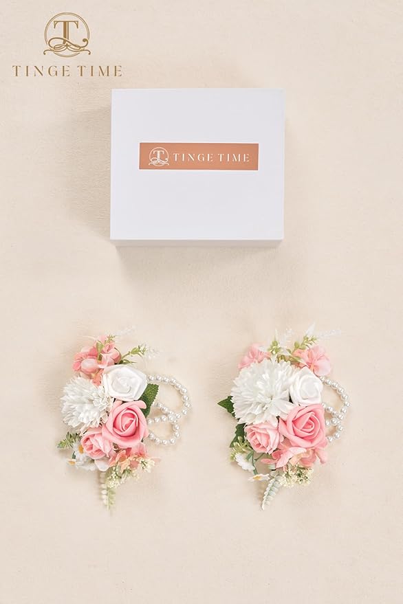 TINGE TIME Set of 2 Peach Pink Wrist Corsage Bracelets Pearl Wristlet Band Bridesmaid Bracelet for Wedding Ceremony Bridal Shower Wedding Artificial Flower Prom (Peach Pink)
