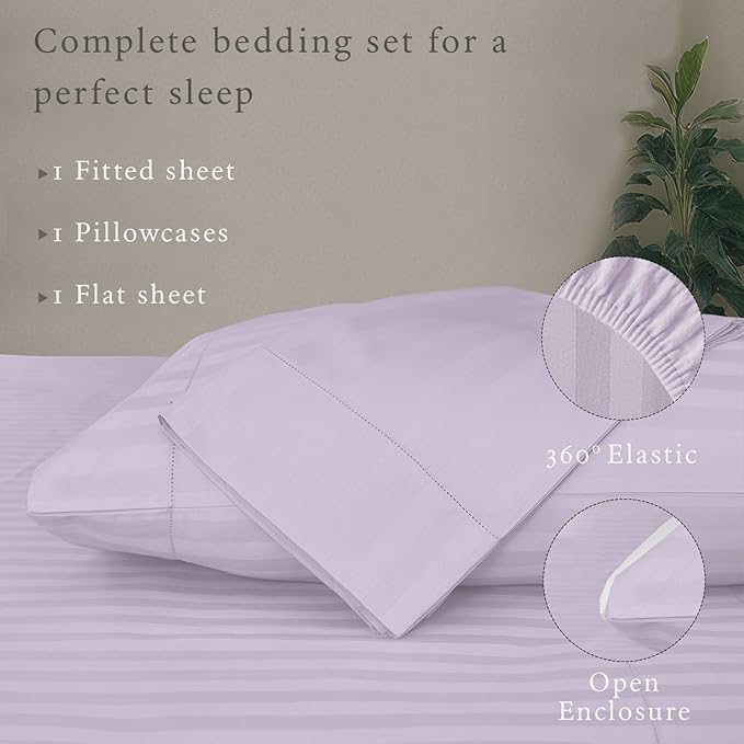 Threadmill 500 Thread Count Twin-XL Size Damask Stripe, 3 Pc Luxury Cotton Sheet Set, Breathable & Silky Soft Lilac Sheets with 15" Elasticized Deep Pocket, 1 Pillowcase & Free Tote Bag