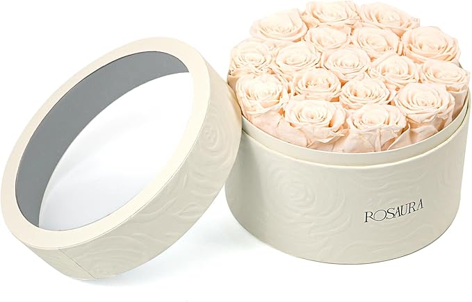 Rosaura Round Preserved Roses Gift Box - Real Forever Flowers for Birthday, Valentine's & Mother's Day (Champagne, 17 Roses)
