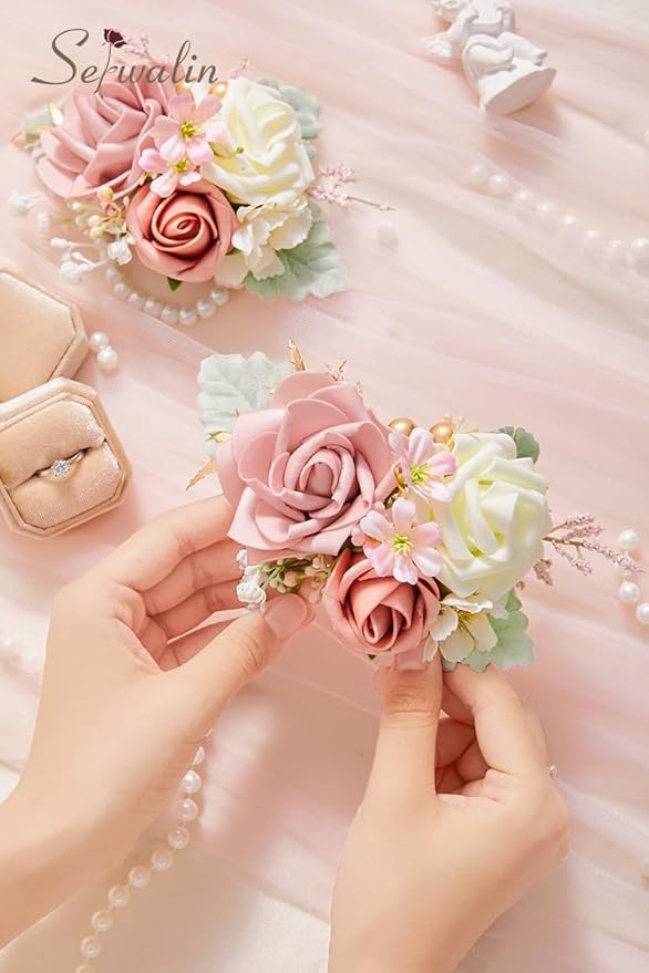 Serwalin Pink Corsage and Boutonniere Set 2 PCS, 6-7 Inch Boutonniere and Wrist Corsage Wristband Prom Flower Wedding Flowers Accessories Prom Suit Decorations Cake Topper