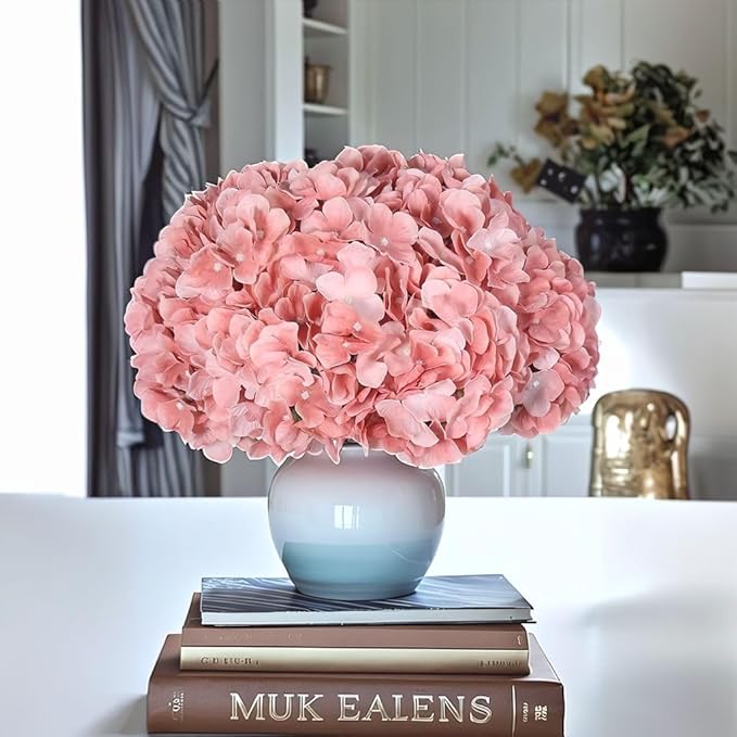 2Bouquets Artificial Fake Flowers Plants Silk Hydrangea Arrangements Wedding Bouquets Decorations Plastic Floral Home Kitchen Garden Party Festival Bar DIY(Light Coral Pink)