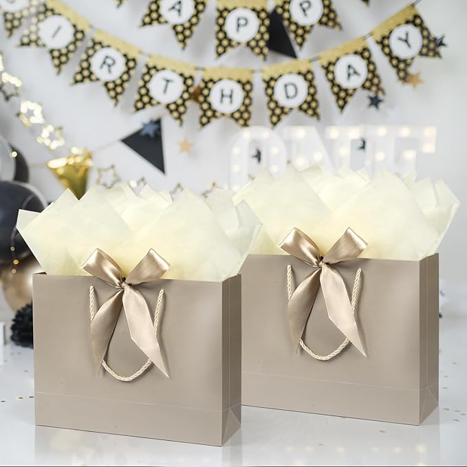 Gift Bags, 13” Large Gift Bags with Tissue Paper Greeting Card, 2PCS Portable Birthday Gift Bag Set, Champagne Gold Present Bags for Birthday Party Favor Wedding Baby Shower Mother’s Day, 13x10x4inch