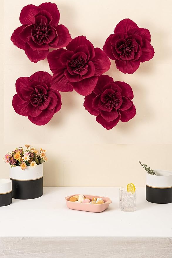 12" 3D Paper Flower Decoration for Party, Wedding Decoration, Background Wall, Nursery Room Decoration, Bridal Shower, Baby Shower(Burgundy, 5 Pcs)