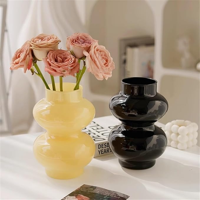 JSPYFITS Glass Hydroponic Flower Vase, Double Balls Colored Glass Bubble Vase for Flower, 7 Inches Glassvase Funky Vase for Home/Office/Weddings/Party Table Flower Décor (Milky Yellow)