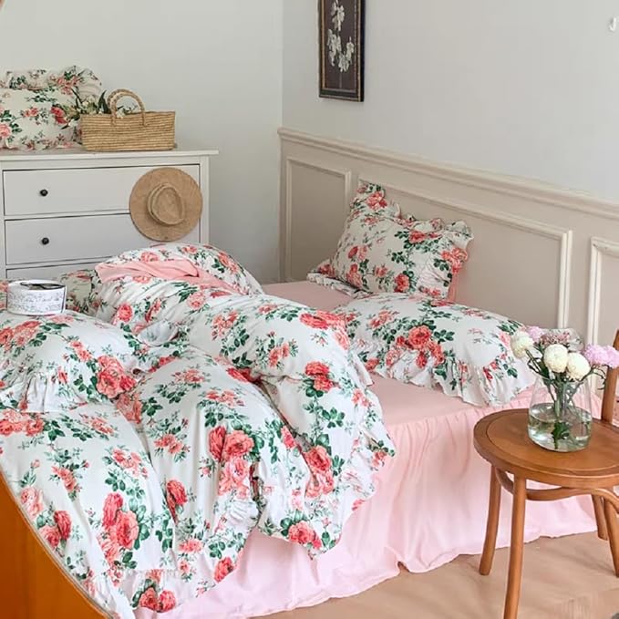 LifeTB Vintage Pink Floral Comforter Set Queen Girls Rose Flower Comforter Coquette Bedding Aesthetic Ruffle Comforter Set Soft Fluffy Cottagecore Bedding Set Farmhouse Boho Bed Comforter Queen Size