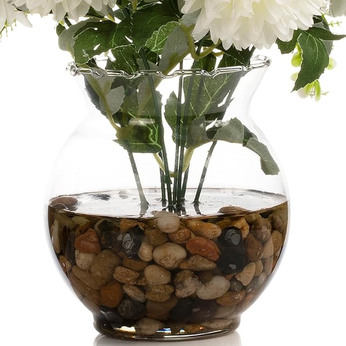 ENOVA FLORAL 7 Heads Silk Marigold Artificial Flowers in Vase,Faux Marigold Flowers Arrangement in Round Bowl Vase with Faux Water and River Rock for Table Decor Centerpieces (Marigold-Cream)