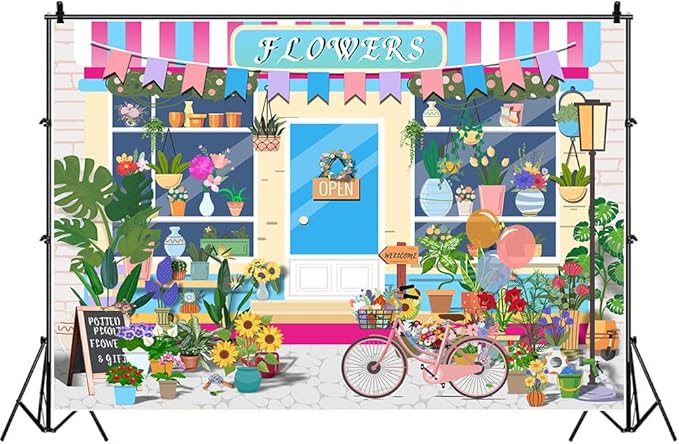 HANYING Cartoon Flowers Shop Backdrop Girl Birthday Baby Shower Party Decor Floral Pot Plants Gardening Tools Photography Background Gifts Florists Booth Banner Photo Booth Studio Props 7x5ft DX02YD