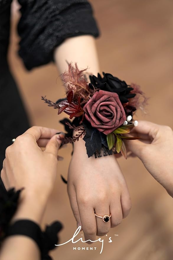 Ling's moment 6pcs Wedding Wrist Corsage Artificial Flowers, Girl/Mother Homecoming Prom Corsages Wristlet Halloween Décor, etc. Black Gothic Burgundy