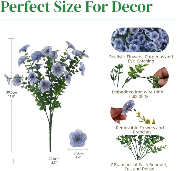 12 Bundles Artificial Flowers for Outdoor, UV Resistant Faux Mums with Eucalyptus Leaves Fake Plants for Outdoor Planters Greenery Boxwood Porch Patio Decoration