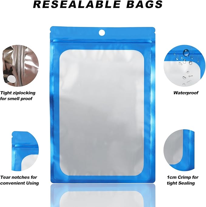 400 Pack 4 Size Bags with Clear Window,Scratch Resistant Hand Holographic Packaging Pouch,Resealable Bag for Small Bussiness Cookies Jewelry Candy Sample (Blue, 2.4×3.9,3x4.7,4×7,5.5×7.9 inch)