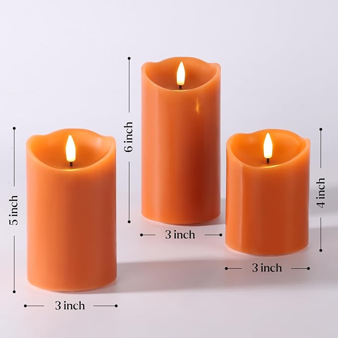 Eywamage Orange Flameless Pillar Candles with Remote, Christmas LED Wax Candles Holiday Table Centerpieces Decor Set of 3