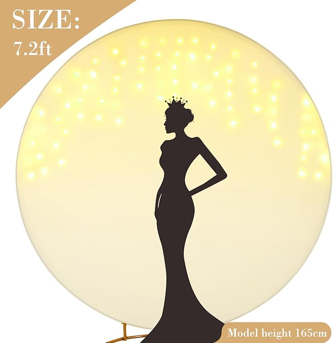 7.2 FT Beige Round Backdrop Cover with Lights String for Circle Arch Stand Circle Backdrop Covers with LED Fairy Lights for Wedding Arch Bridal Baby Shower Birthday Party Photo Photography Background