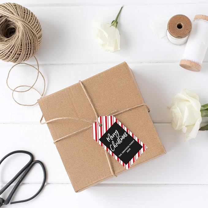 Andaz Press Personalized Christmas Holiday Season Classic Gift Tags, Merry Christmas Custom Family Name and Year, Candy Cane Striped Design, for Holiday Events, Parties, and Favors, 60-Pack
