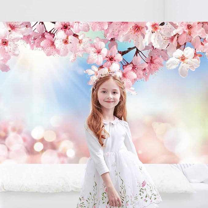 Renaiss 7x5ft Cherry Blossom Floral Backdrop Pink Flower Sunshine Bokeh Romantic Nature Scenery Photography Background for Wedding Bridal Shower Birthday Party Decor Photo Booth Props