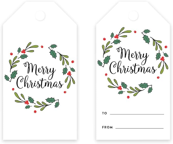 Andaz Press Christmas Holiday Season Classic Gift Tags, Merry Christmas to from Classic Favor Tags, Christmas Holly Wreath Design, for Holiday Events, Parties, and Favors, 60-Pack