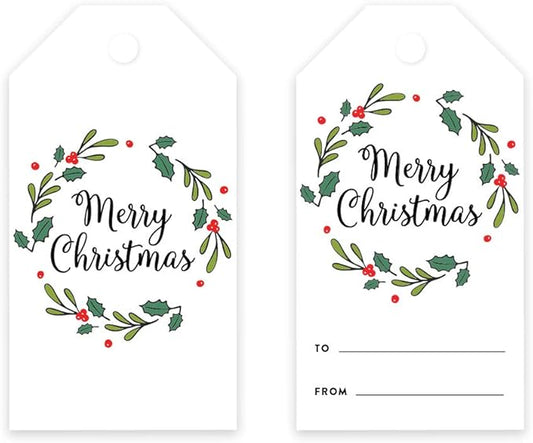 Andaz Press Christmas Holiday Season Classic Gift Tags, Merry Christmas to from Classic Favor Tags, Christmas Holly Wreath Design, for Holiday Events, Parties, and Favors, 60-Pack