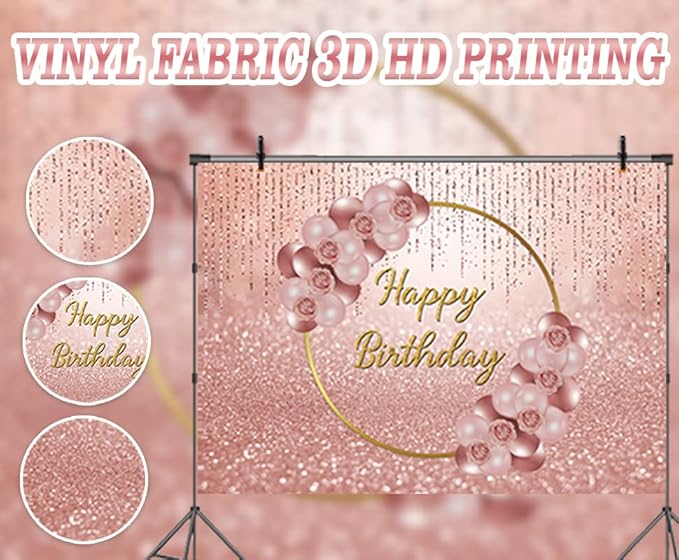 Pink Rose Gold Happy Birthday Backdrop Glitter Rose Gold Floral Balloon Bokeh Photography Background Girls Lady Sweet 16th 21th 30th Birthday Party Cake Table Photo Props 7x5FT