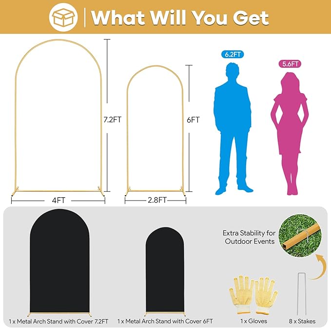 7.2FT, 6FT Arch Backdrop Stand with Cover Set of 2, Gold Metal Balloon Wedding Arch Frame with 8 Ground Stakes Stable for Outdoor Birthday Party Wedding Ceremony Bridal Baby Shower Decoration