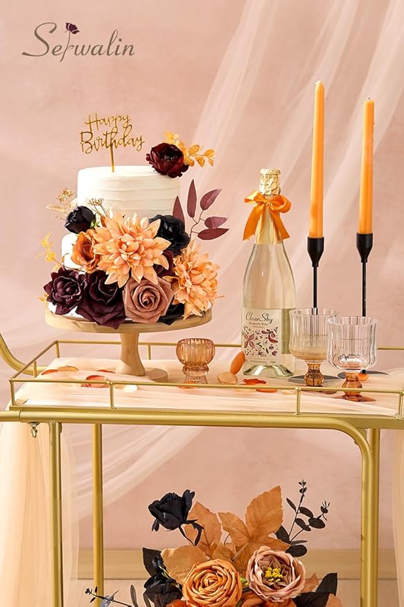 Serwalin Artificial Orange & Black Flowers, Silk Fake Flowers for DIY Wedding Bouquets Cake Flower, Harvest Table Centerpieces Birthday Party Home Halloween Decorations