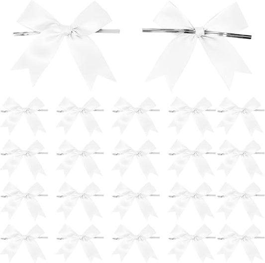 50 Counts White Twist Tie Bows 3.1" Pre-Tied Satin Ribbon Bow Decor Mini Twist Tie Bows for Gift Wrapping Treat Bags Cake Bridal Baby Shower Birthday Party Favors Wedding Decorations