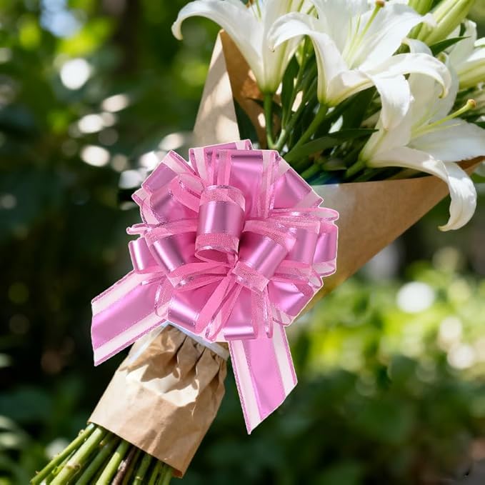 10-Pack Blush Pink Pull Bows for Gift Wrapping - 6 Inch Reusable Ribbon Bows, Large Instant Floral Decor Bows for Wedding, Christmas, Birthday Decor, Gift Basket & Party Decorations