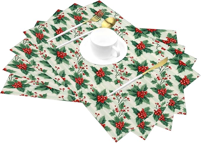 PVC Placemats Set of 4 Wipeable Table Mats Washable Heat Resistant Non Slip Vinyl Dining Table Mat for Kitchen Indoor Outdoor Patio Farmhouse Place Mats Christmas Red Berry Decorative