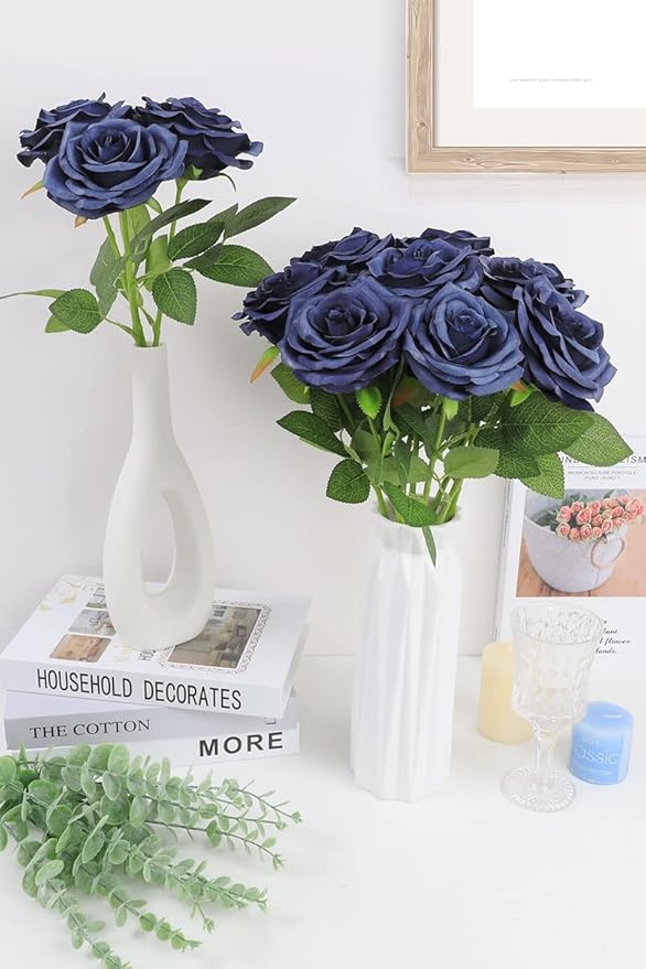 Artificial Rose Flower Navy Blue Flowers Navy Blue Roses Silk Flowers 12 pcs with Long Stem Silk Roses Bouquet for Wedding Bridal Shower Party Home Decoration