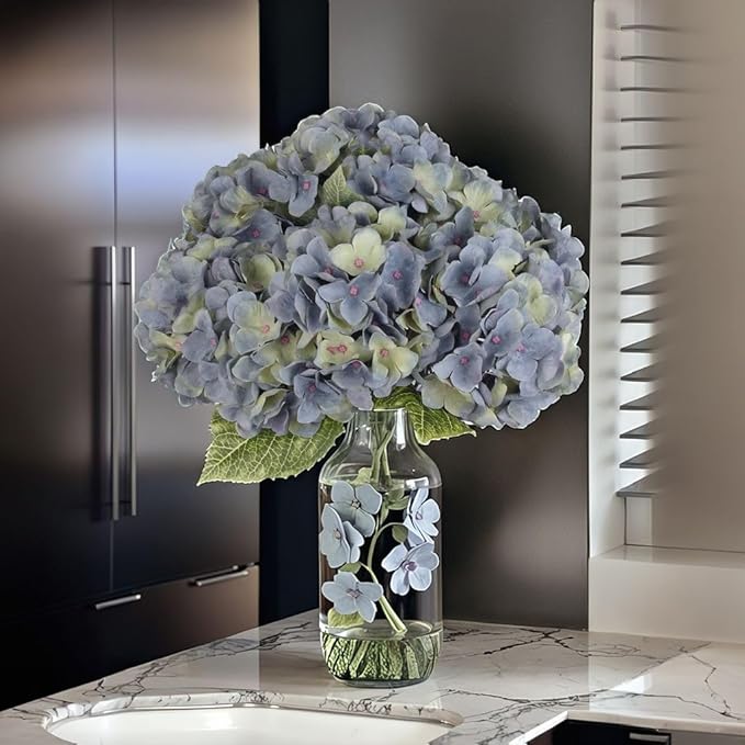 2Bouquets Artificial Fake Flowers Plants Silk Hydrangea Arrangements Wedding Bouquets Decorations Plastic Floral Home Kitchen Garden Party Festival Bar DIY (Bluish Green)