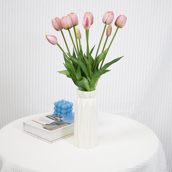 10 Pack Real Touch Tulips Artificial Flowers, 15.7 Inch Bendable Latex Tulips - No Maintenance Faux Flowers for Vase, Home Decor, Wedding Centerpiece (Pink)