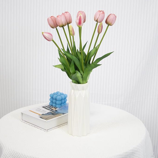 10 Pack Real Touch Tulips Artificial Flowers, 15.7 Inch Bendable Latex Tulips - No Maintenance Faux Flowers for Vase, Home Decor, Wedding Centerpiece (Pink)