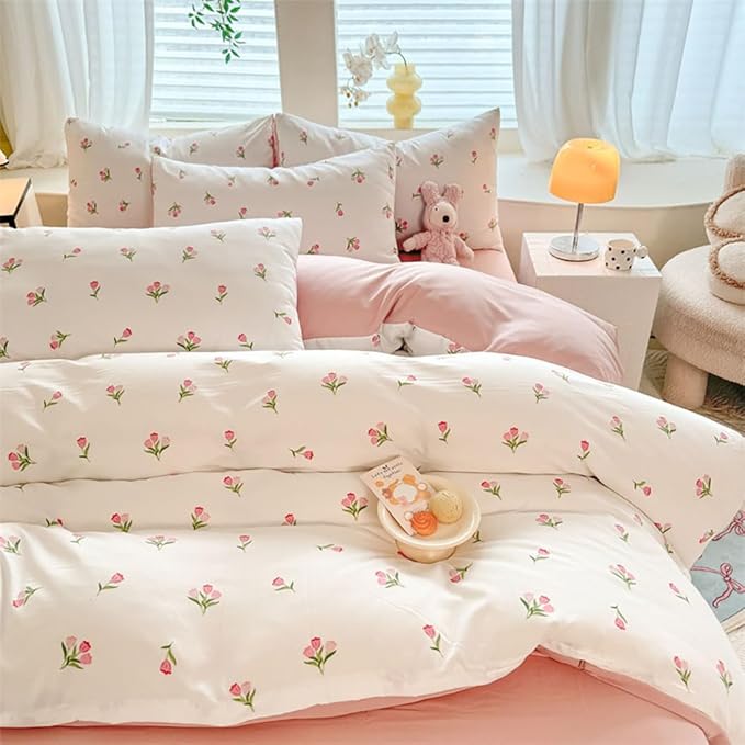 Nayoroom Pink Floral Duvet Cover Full Size Coquette Tulip Printed on White Reversible Comforter Cover 3 Pcs Girls Cottagecore Bedding Set with Pillow Sham Soft Lightweight Microfiber